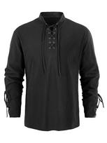 Men's Forest Green Lace-Up Long-Sleeve Tunic with Mandarin Collar & Cuff Ties - Relaxed Summer Vacation Top XXL black