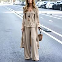 Lazy wind knitted three-piece set drape long cardigan V-neck bottoming top high waist wide legs trousers women M gray
