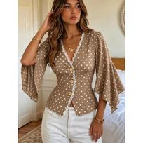 Women Lace Splicing V Neck Waist Cinched Flared Elbow Sleeve Polka Dot T Shirt XL beige