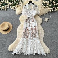 French light luxury heavy industry lace hollow dress women's summer lapel waist thin commuting elegant long dress XL balta
