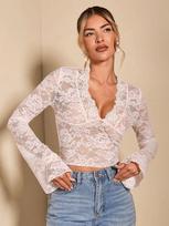 Women Sheer Lace Crop Top V-Neck Flare Long Sleeve Slim Fit Sexy Pullover Elegant Blouse XL white