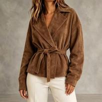 Autumn and winter women's new lapel suede lace-up waist short coat loose jacket XL black