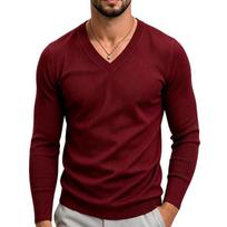 Men V‑Neck T-Shirts Long Sleeve Slim Fit Pullover Casual Basic Knitted Tops XL black