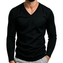Men V‑Neck T-Shirts Long Sleeve Slim Fit Pullover Casual Basic Knitted Tops L