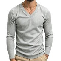 Men V‑Neck T-Shirts Long Sleeve Slim Fit Pullover Casual Basic Knitted Tops L white