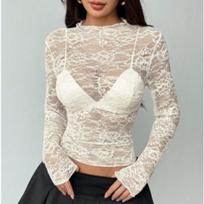 Women Lace Shirts Turtle Neck Elegant Flare Long Sleeves Hollow Out Slim-fit Crochet Sexy Blouse XL white