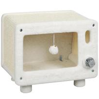 Kačių namelis TV dizaino su hamaku, baltas, pilkas ir smėlinis, 50 × 33 × 42 cm