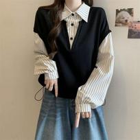 Women Fake Two-piece Spliced Vest Lazy Style Loose Turn-down Collar Striped Shirt Autumn Minimalist Versatile Female Tops 3XL gray