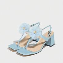 Square Toe Lace Flower High Heel Sandals Women's New Chunky Heel Sky Blue Sandals for Women Beach Party Dress Shoes Fashion 42 white