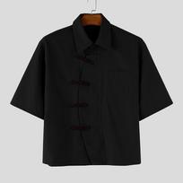 INCERUN Summer Men Lapel Neck Short Sleeve Side Knot Casual Loose Shirts S black