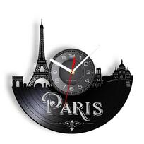 Paris London Travel Themed Vinyl Record Wall Clock Tower Big Ben Tower Unique Travel Landmark Wall Art Retro Clock Watch gray
