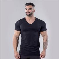 Plain Cotton Gym T-shirt Men Summer Fitness Clothing V-Neck Short Sleeve T shirt Slim Fit Tshirt Bodybuilding Workout Tees Tops S gray