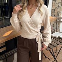New Simple Solid-color Cross V-neck Lace-wrapped Waist Sweater for Women M white