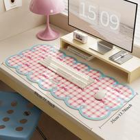 35x80cm Large PU Desk Mouse Pad Pink Gingham Plaid Bow Print Scalloped Edge Waterproof Non Slip Wear Resistant Desktop Protector for Student Office 35*80cm white