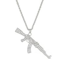 Trendy Personality Gold Color Full of Zircon Submachine AK Pendant Necklace for Women Men Punk Hip-hop Collar Jewelry Gifts A silver white