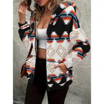 Women Ethnic Geometric Print Fleece Hooded Jacket Full Zip‑Up Long Sleeve Pockets Loose Casual Boho Outerwear Coat XL