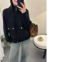 Autumn Winter Korean Style Lazy Stand Collar Zipper Knitted Open Cardigan Women's Double Pocket High Sensation Soft Cozy Swea... XL juoda