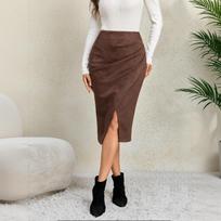 Women's Pleated Midi Skirt, High Waist with Side Slit and Zipper Closure M gray