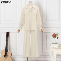 VONDA Womens Two Piece Sets Lace Patchwork Neck Long Sleeve Pullovers and Long Trousers Autumn Outfits L