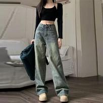 Women Casual Wide Leg Jeans Streetwear All-Match Washed Denim Trousers Female Vintage 90S High Waist Straight Pants S gray