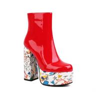 Womens Chunky Heel Ankle Boots With Side Zipper PU Leather Winter Fall Casual Riding 39 raudona