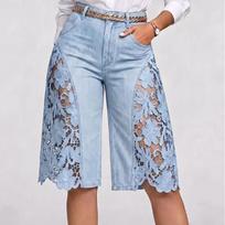 Women's Casual Lace Patchwork Jeans with Cutout, Versatile Denim Pants for Everyday Wear XL šviesiai mėlyna spalva