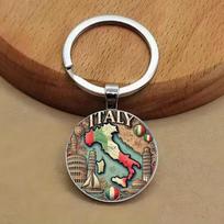 Creative Italian Map Glass Keychain - Round Alloy Pendant for Car & Backpack Accessories brown
