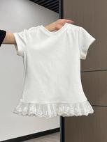 Cotton T-shirt Ballet hem splicing lace lace short sleeve women's inner design Spice girl top summer L (recommended 57.5-65kg ) white