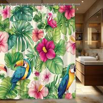 1Pc Tropical Jungle Shower Curtain - Lush Green Leaves, Pink Hibiscus Flowers, Colorful Toucans And Flamingos, Polyester Fabric W60H190(CM)-1 Pcs pink