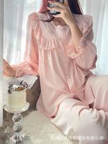 Princess-style lace satin pajamas for women, new sweet and cute homewear for spring and autumn, thin long-sleeve palace-style pajamas (Pink,XL)