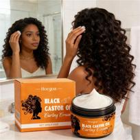 Black Castor Oil Curly Hair Styling Cream  Moisturizing Frizz Control for Defined Bouncy Curls Long-Lasting Hold for Men & Women brown