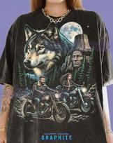 Indian Wolf Full Moon Motorcycle Bikers Native American Comfort Colors® Tshirt, Mountain Forest Wildlife Nature Biker Couple Road Trip Tee 4XL gray