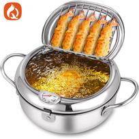 304 Stainless Steel Tempura Frying Pot with Oil Filter and Temperature Control, Non-Stick Small Japanese Frying Pan 20CM 2.2L Frying Pot brown