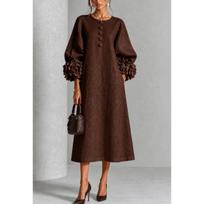 French Style 3D Floral Linen-cotton Midi Dress with Puff Lantern Sleeves S tamsiai ruda spalva