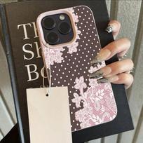 Vintage Brown Polka Dot Lace Floral Pattern Design Protective Cover for iPhone 17 16 15 14 13 12 11 16E Series Pro Max Plus iphone 14 gray