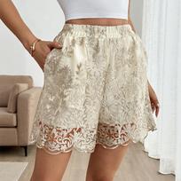 2026 Summer French Light Luxury Lace High-Waist Embroidered Women's Shorts M beige