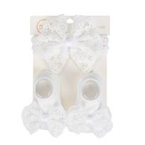 3Pcs/Set Cream Lace Baby Headbands&Socks Newborn Princess Girls Wide Rhinstone Pearl Eastic Hairbands Kids Headwear Photo Props 0-12M white
