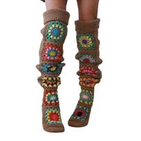 Women Thigh High Boot Socks Over the Knee Ethnic Crochet Knitted Colorful Stockings Winter Warm Long Leg Warmer Hosiery brown