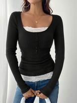 Women S Fitted Long Sleeve Square Neck Lace Trim Button Top M black