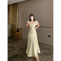 Women's Summer Chic French Polka Dot Lace-up Dress with Bubble Sleeves and Ruffle Waist 2XL gray