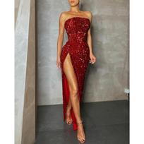 Moterų bordo spalvos blizgučių suknelė be petnešėlių su aukštu skeltuku, ilga, seksuali, prigludusi, žvilganti, elegantiška, vakarinė, kokteilinė, išleistuvių, vestuvių svečio, oficialios šventės suknelė M raudona