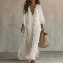 European and American women's lace splicing V-neck long dress bat sleeve vacation beach dress XXL gray