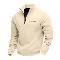 Mens Loose Fleece Lined Stand Collar Color Block Winter Warm Sports Sweatshirt L beige
