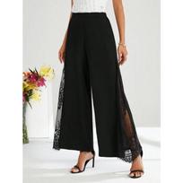 Womens Elegant Lace Splicing High Waist Wide Leg Casual Nine Point Pants XL black