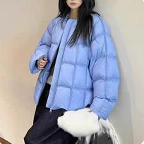 Women's Winter Puff Tofu White Duck Down Jacket, Thick Round Neck Loose Fit Outerwear One size 90-140 Jin mėlyna