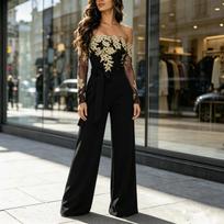 Women's Casual Lace Trim Wide-Leg Jumpsuit with Neckline L