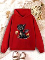 Kawaii Black Dragon Kids Hoodie Mythical Creature Chest‑side Graphic Autumn Winter Fleece Warm Streetwear Hooded Sweatshirt 160 black