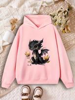 Kawaii Black Dragon Kids Hoodie Mythical Creature Chest‑side Graphic Autumn Winter Fleece Warm Streetwear Hooded Sweatshirt 140