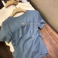Spring Summer Women's Side Ruched Asymmetrical Hem Crew Neck T-Shirt Casual Short Sleeve Top S gray
