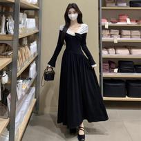 French Style Lace V-Neck Knot Dress: Contrasting Colors, Two-Wear A-Line Skirt for a Chic Autumn/Winter Look Extra Large black